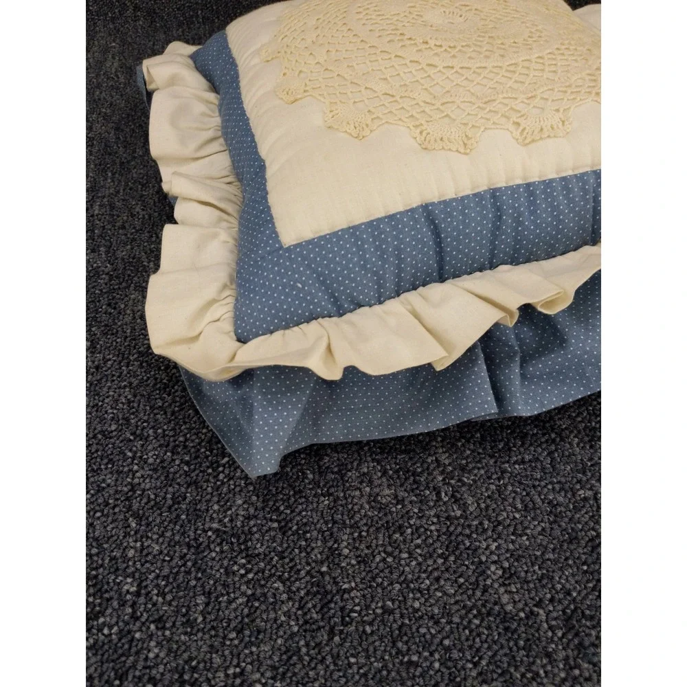 Vintage Accent Pillow Blue White‎ Polka Dot Crochet Doily Ruffle